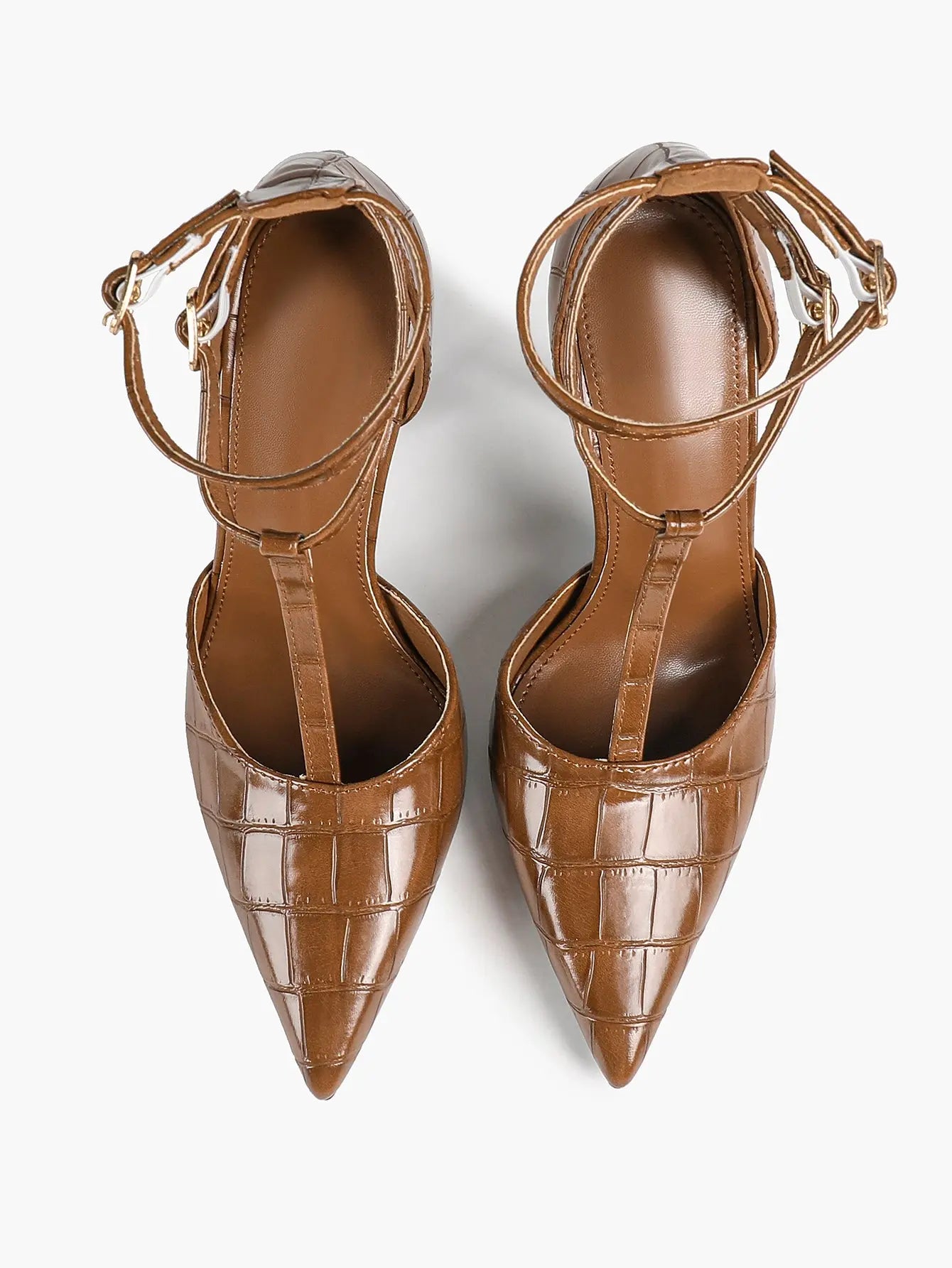 Women's Brown Crocodile-Embossed Stiletto Sandals Leg-Lengthening Heel for Party Dress Shoes YISHIFAN