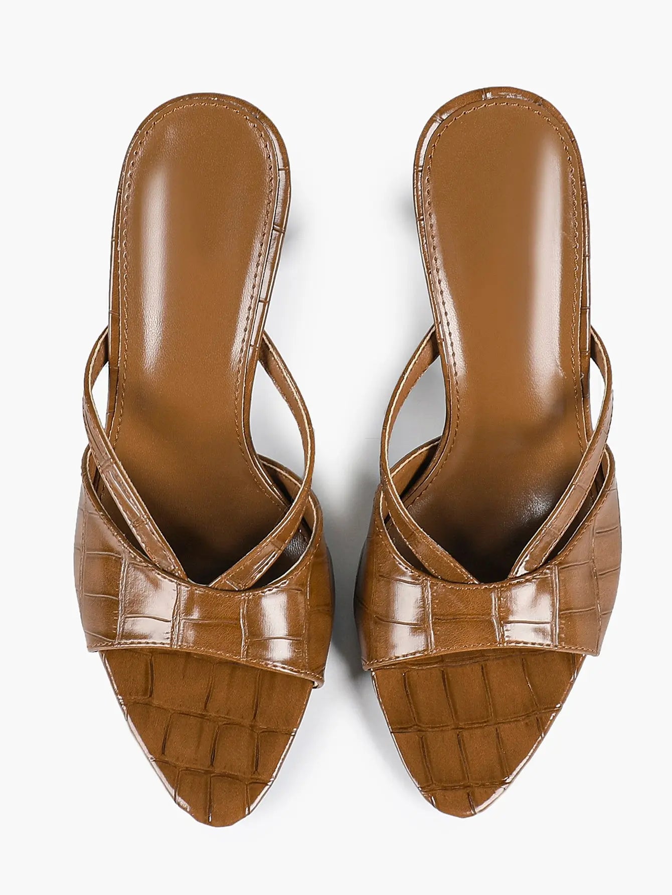Women's Brown Crocodile-Embossed Stiletto Mules Low Heel Open-Toe for Casual Elegance YISHIFAN
