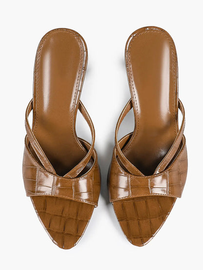 Women's Brown Crocodile-Embossed Stiletto Mules Low Heel Open-Toe for Casual Elegance YISHIFAN
