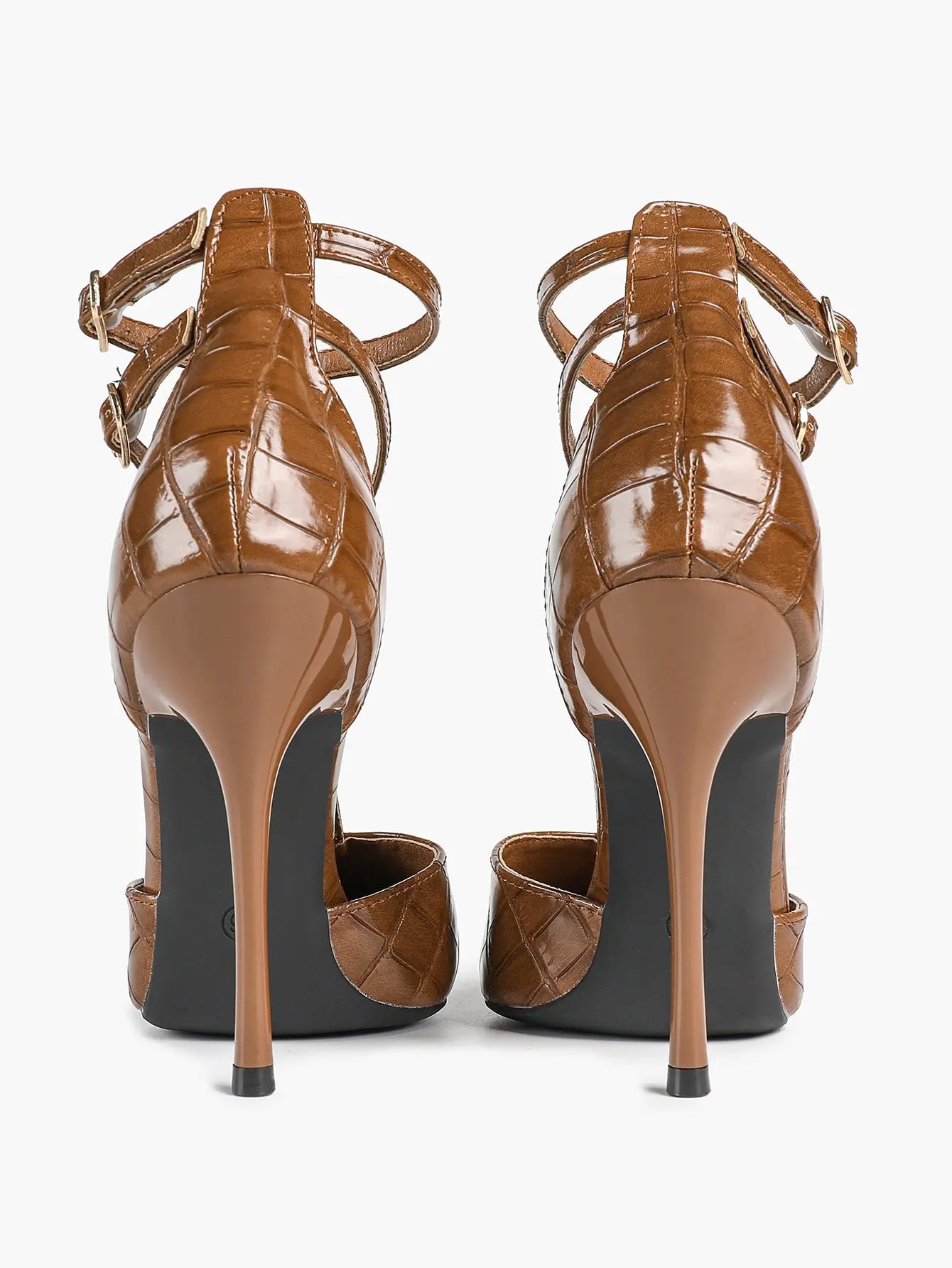 Women's Brown Crocodile-Embossed Stiletto Sandals Leg-Lengthening Heel for Party Dress Shoes YISHIFAN