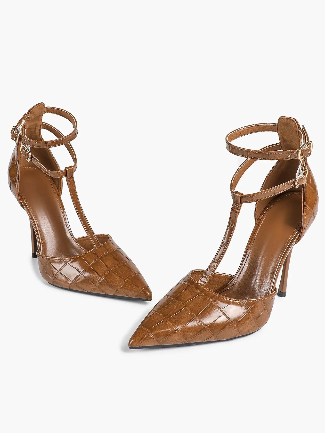 Women's Brown Crocodile-Embossed Stiletto Sandals Leg-Lengthening Heel for Party Dress Shoes YISHIFAN