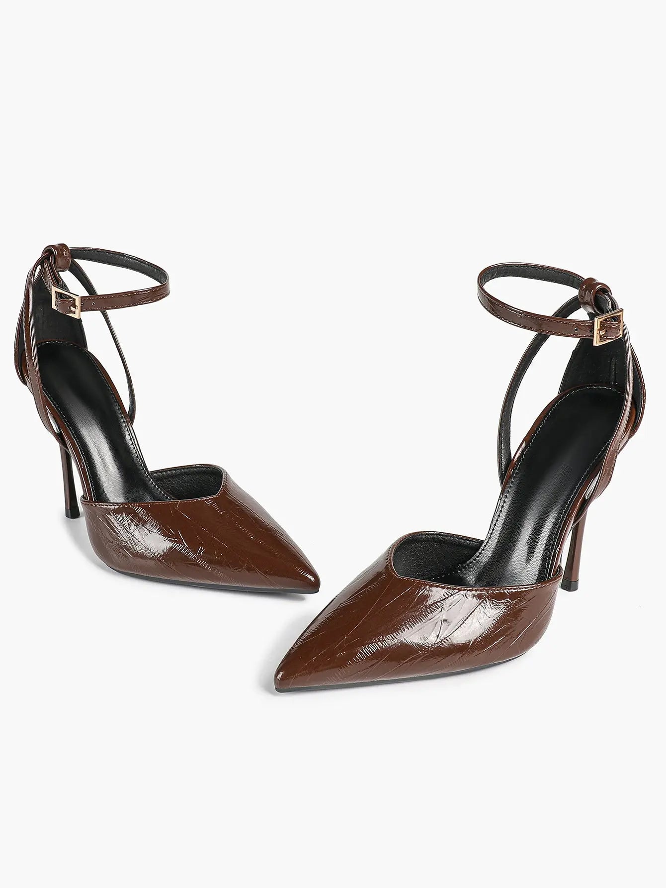 Women's Deep Brown Stiletto Adjustable Ankle Strap Pointed Closed Toe Stiletto Heels Party Wedding Shoes YISHIFAN