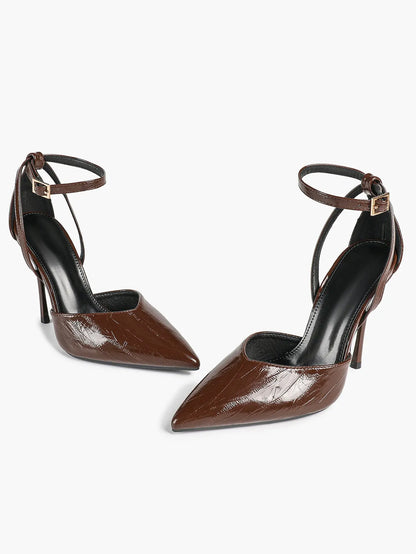 Women's Deep Brown Stiletto Adjustable Ankle Strap Pointed Closed Toe Stiletto Heels Party Wedding Shoes YISHIFAN