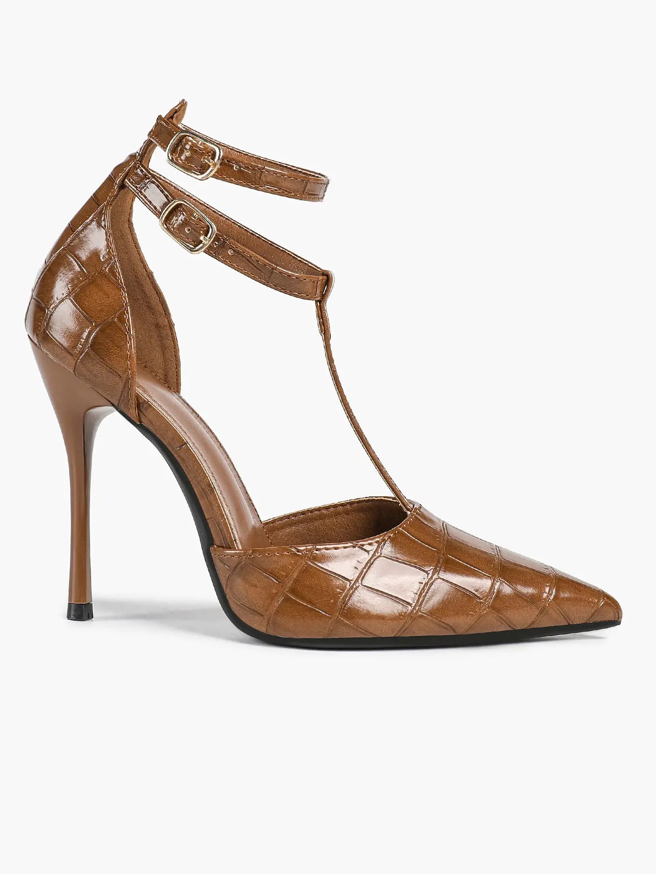 Women's Brown Crocodile-Embossed Stiletto Sandals Leg-Lengthening Heel for Party Dress Shoes YISHIFAN