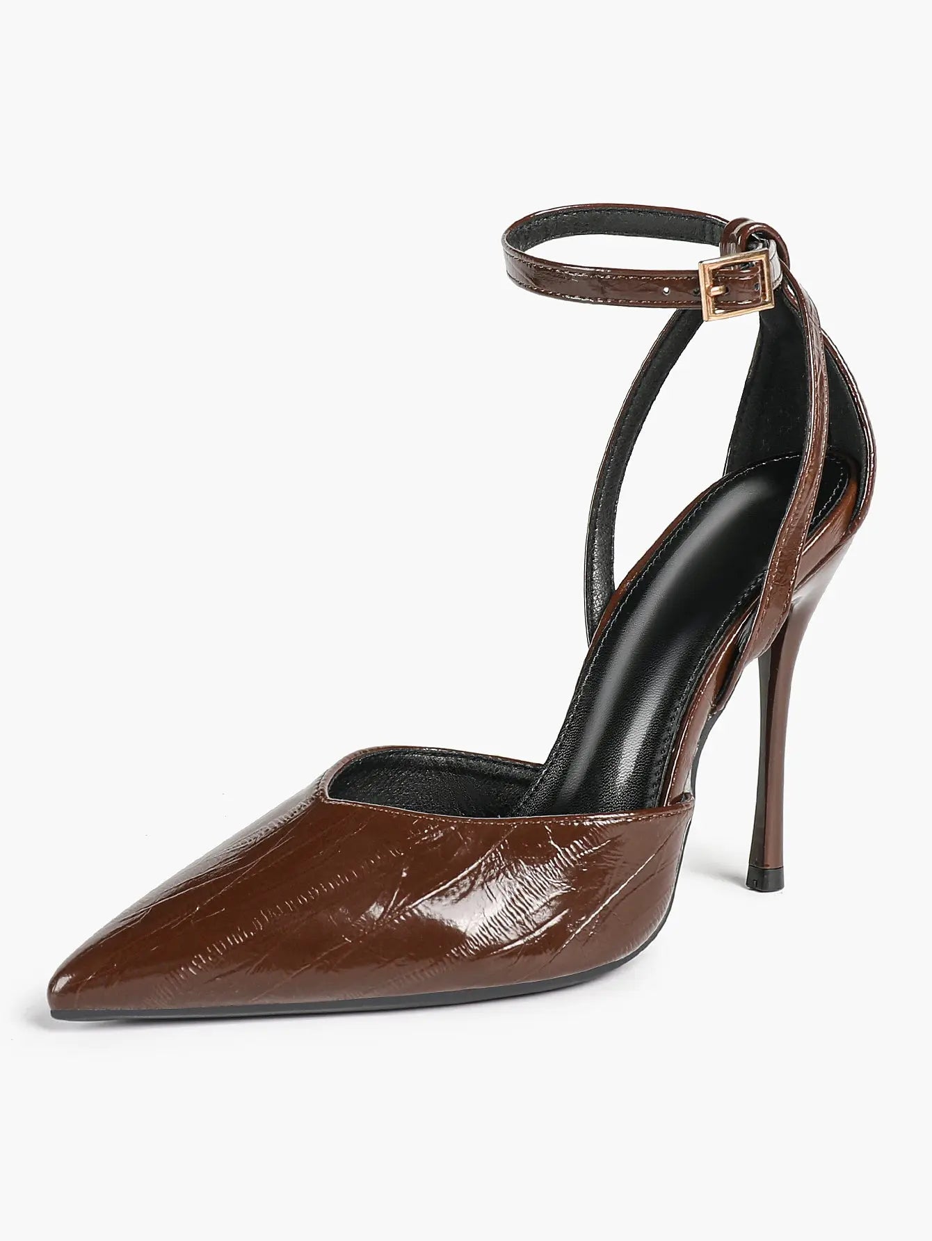 Women's Deep Brown Stiletto Adjustable Ankle Strap Pointed Closed Toe Stiletto Heels Party Wedding Shoes YISHIFAN