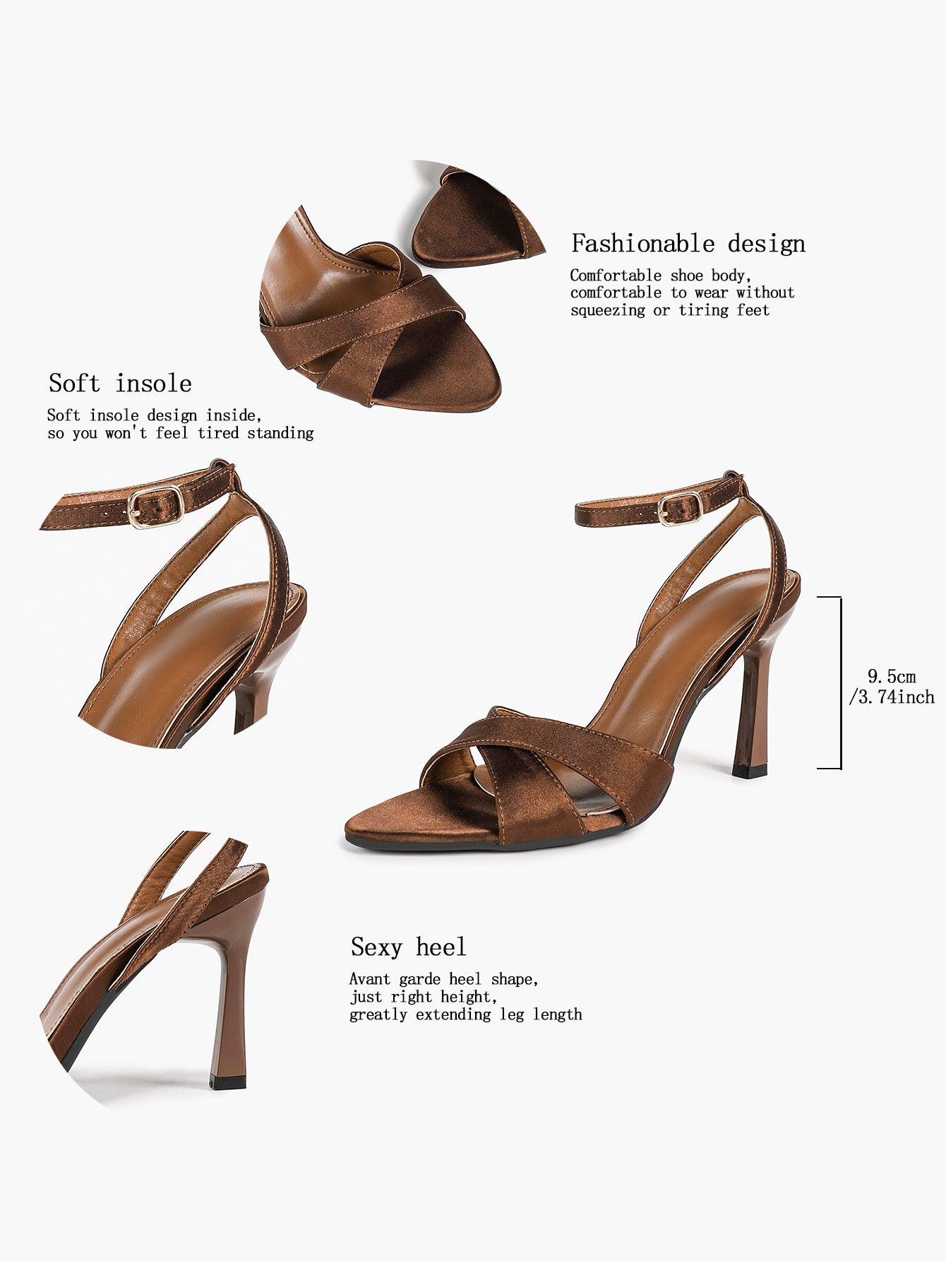 Bronze Metallic Satin Crisscross Strap Sandals Pointed Open Toe Ankle Buckle Heels Elegant Evening Shoes