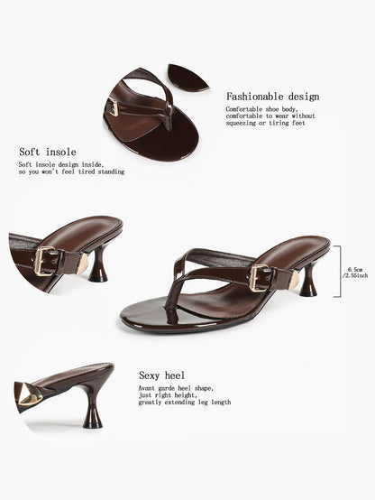 Brown Patent Toe Post Stilettos Statement Metal Buckle Backless Mules Party Club Shoes