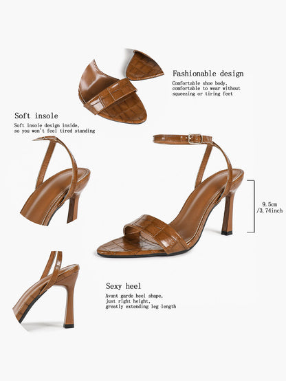 Crocodile Texture Strap Stilettos Ankle Strap Open Toe Heeled Sandals Fashion Night Out Party Shoes