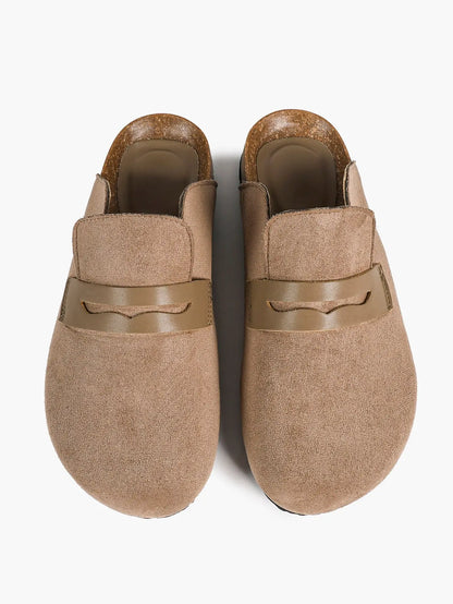 Brown Distressed Suede Penny Loafer Boston Clogs – Women's Cork Platform Closed Toe Mule YISHIFAN