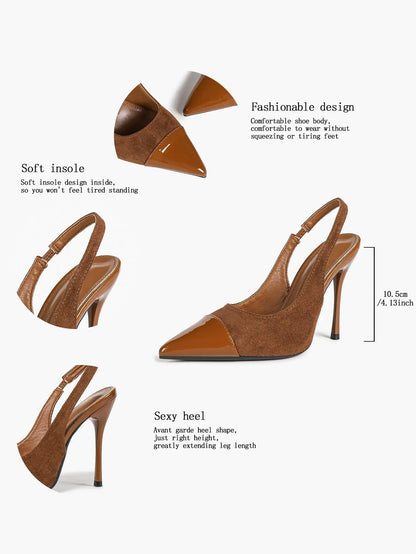 Women's Brown Suede Pointed Toe Slingback Pumps Stiletto High Heels 10.5CM Dress Shoes YISHIFAN