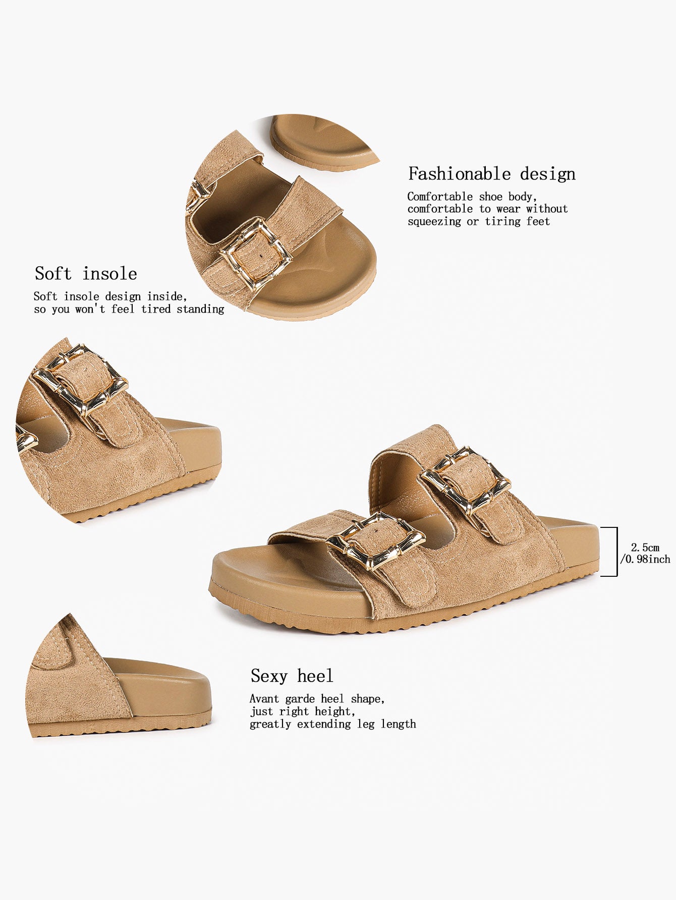 Taupe Suede Two-Strap Comfort Sandals with Gold Buckles