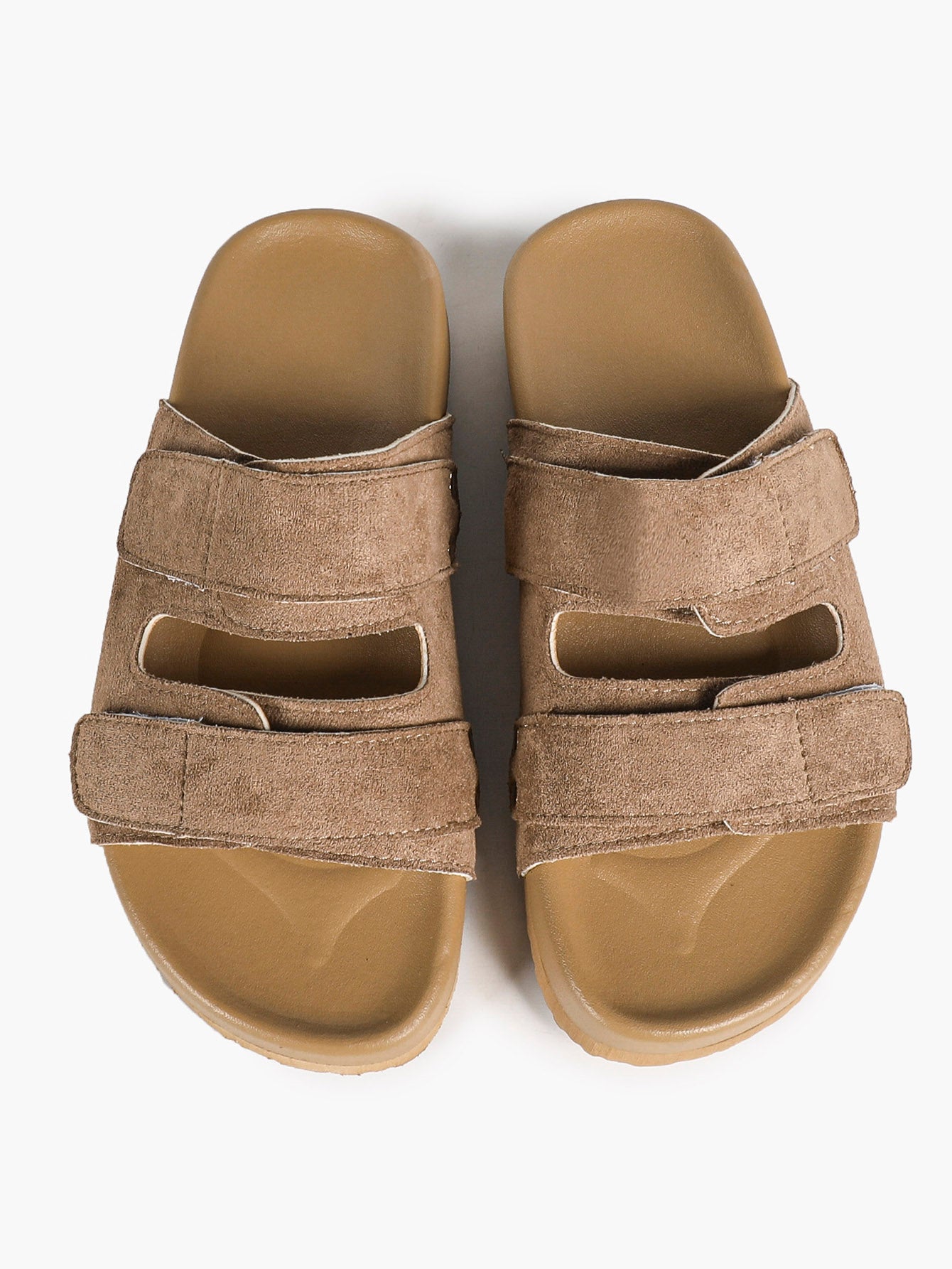 Black Suede-Effect Double-Strap Velcro Slide Sandals with Cushioned Sole