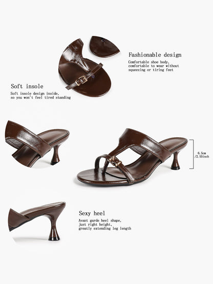 Brown Patent T-Strap Mules Adjustable Front Buckle Flared Kitten Heels Slip-On Office Shoes