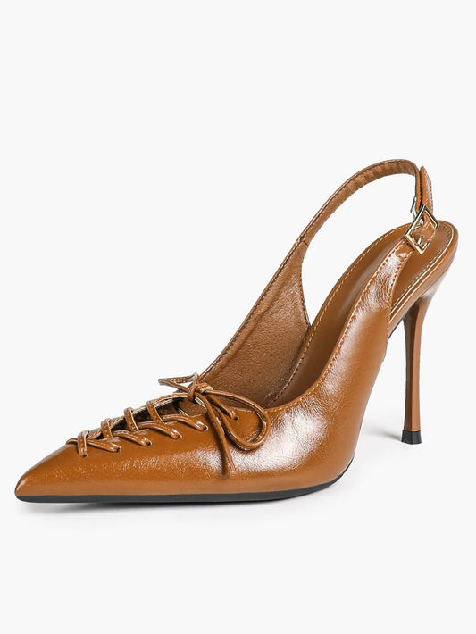 Cognac Lace-Up Oxford Pumps | 10.5cm Stiletto Heel, Chain Ankle Strap YISHIFAN