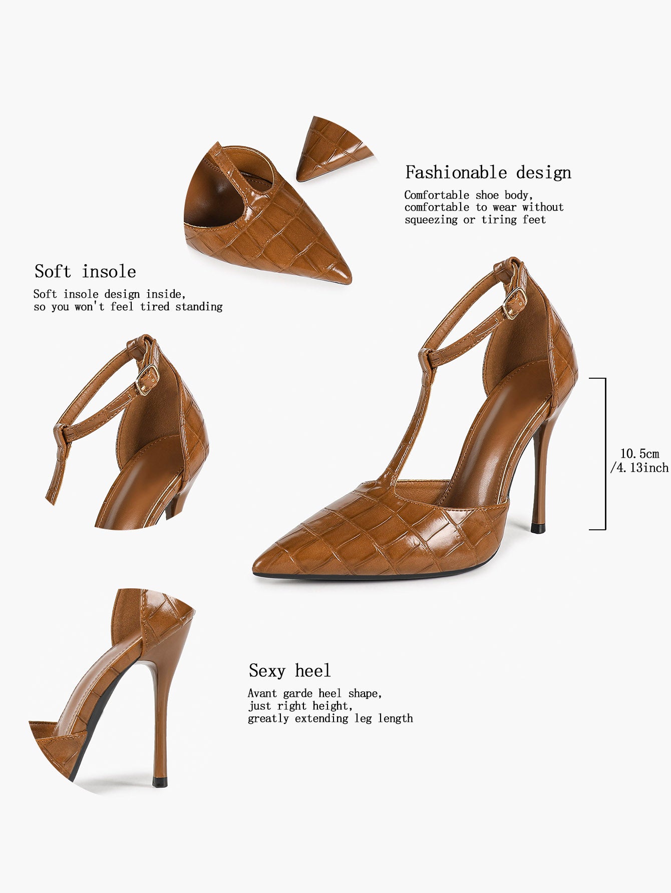 Women's Camel Quilted Patent T-Strap Slingback Pumps Closed Pointed Toe Ankle Buckle Stiletto Heels Office Shoes