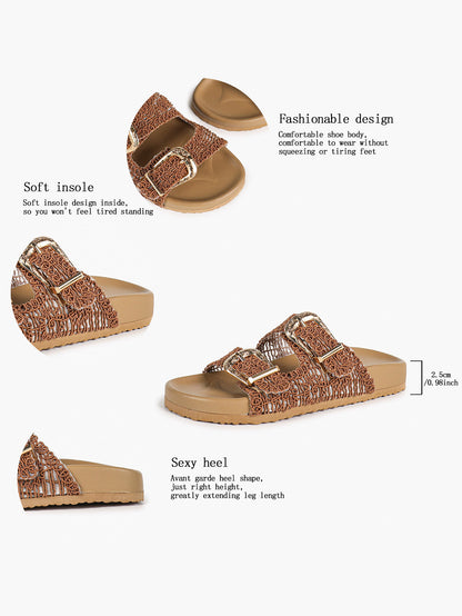 Tan Woven Double-Strap Platform Slides for Boho Summer Style
