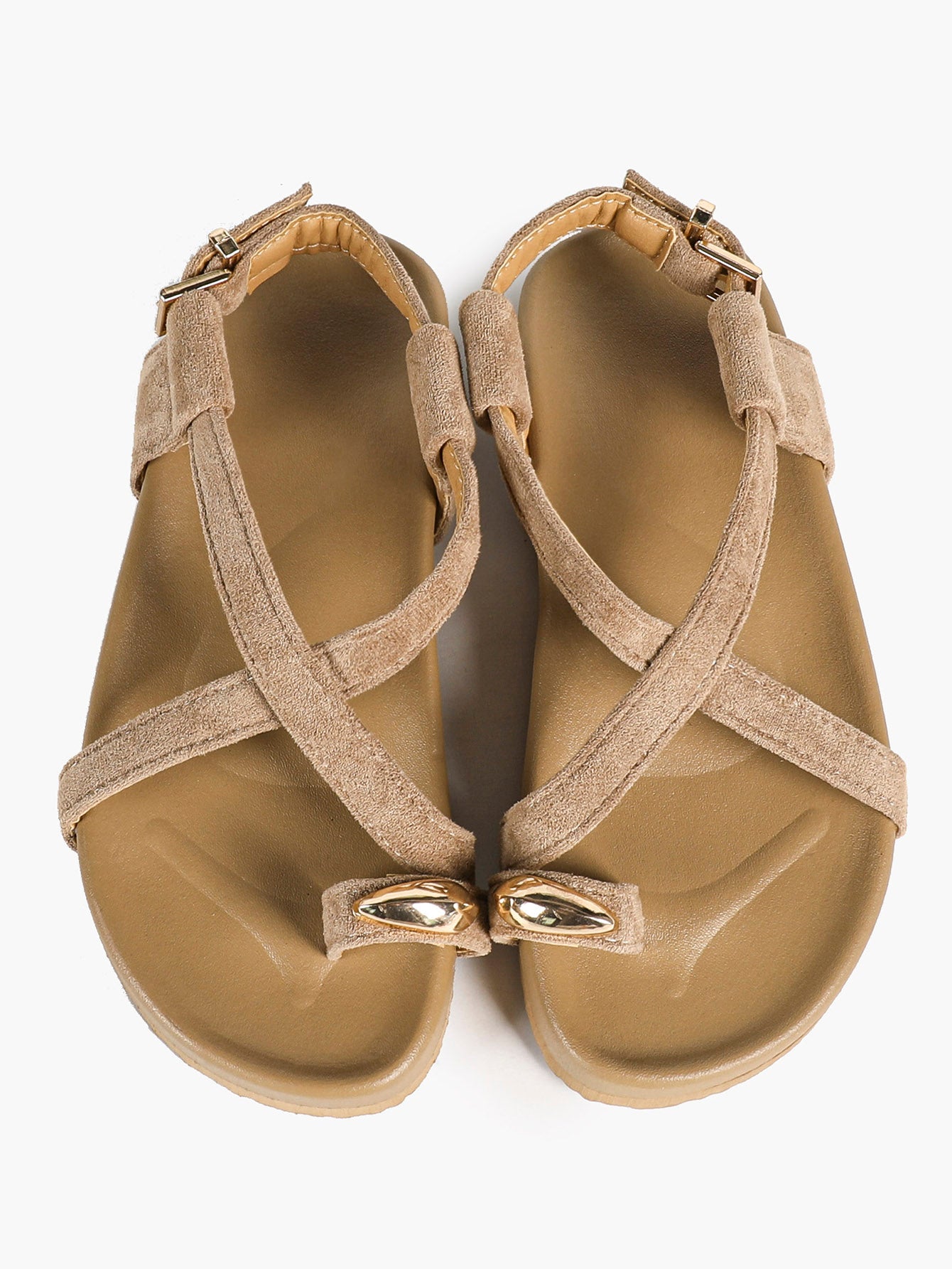Olive Green Suede Criss-Cross Strap Sandals with Gold-Tone Oval Detail and Platform Sole