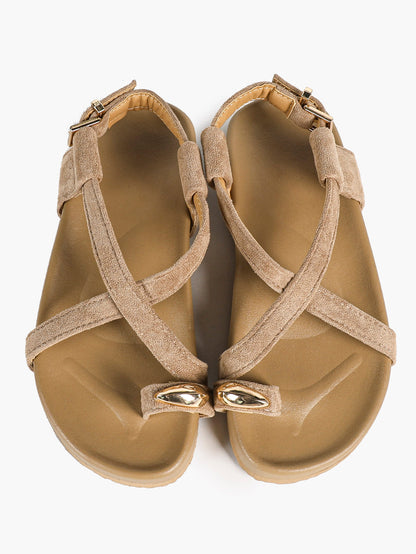 Olive Green Suede Criss-Cross Strap Sandals with Gold-Tone Oval Detail and Platform Sole