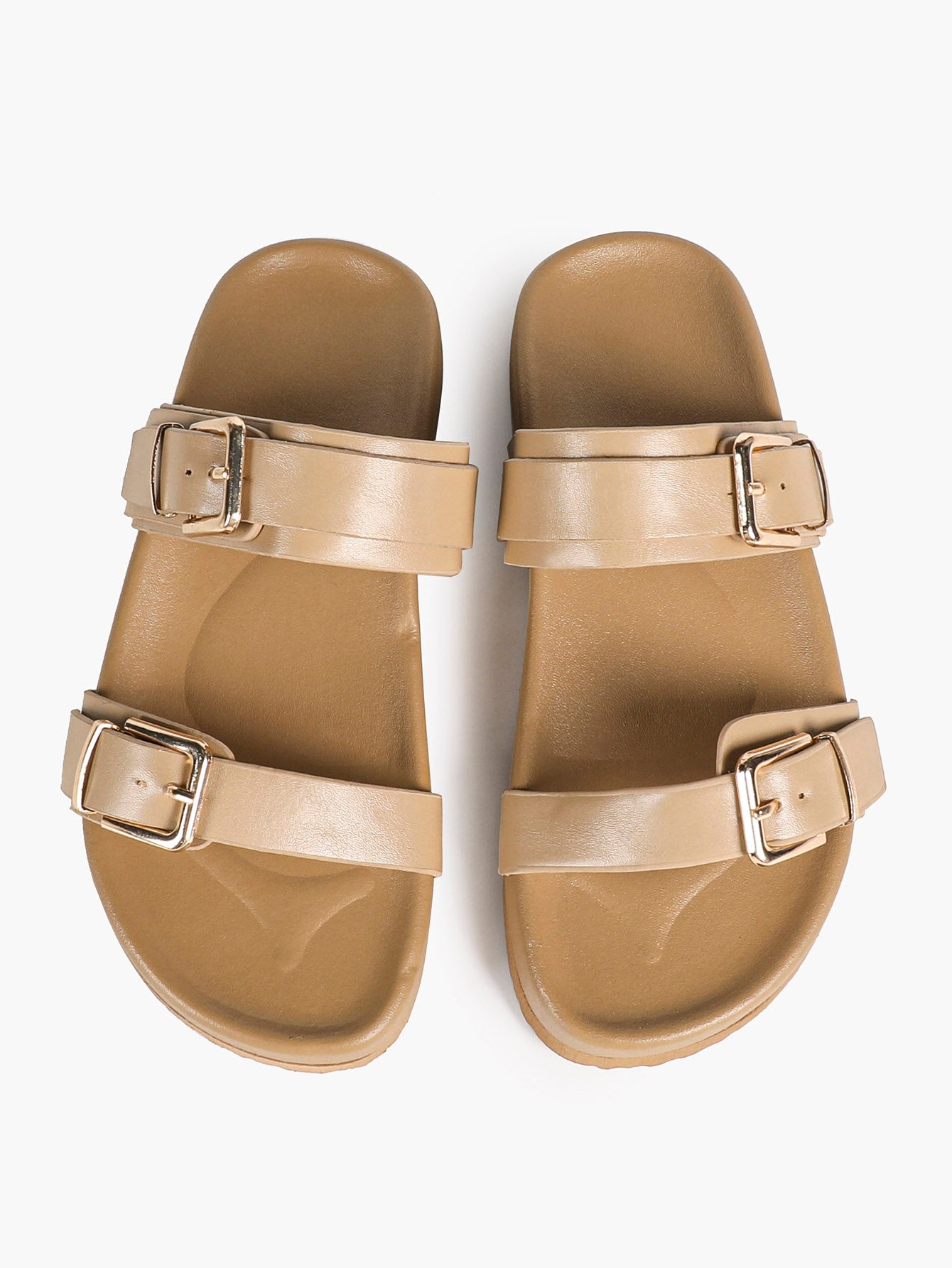 White Double-Buckle Platform Slide Sandals with Gold-Tone Hardware