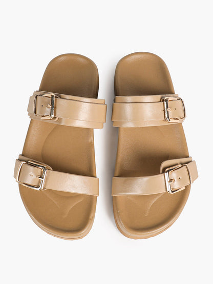 White Double-Buckle Platform Slide Sandals with Gold-Tone Hardware