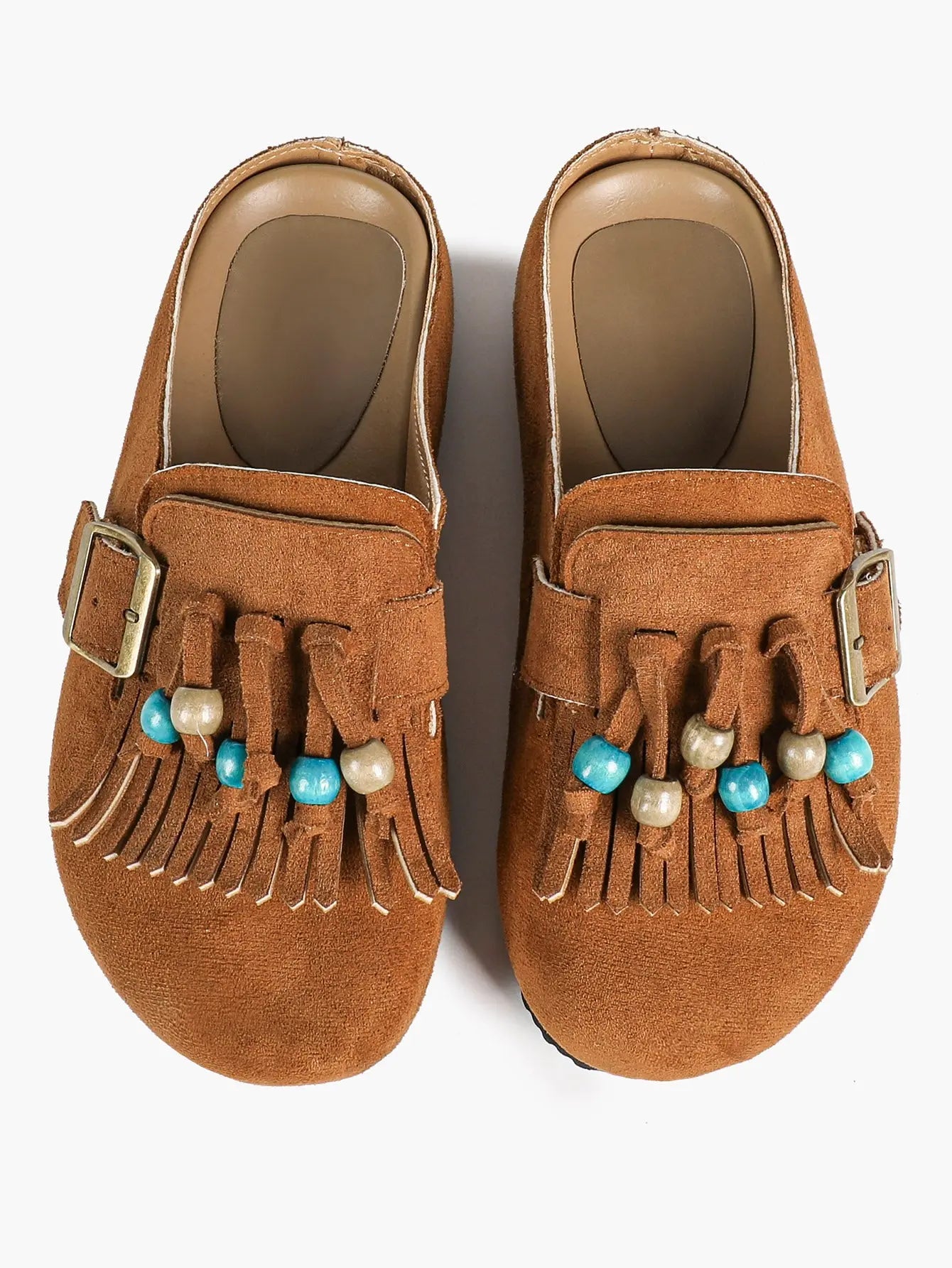 Dark Green Suede Tassel & Turquoise Bead Buckle Boston Clogs – Women's Boho Closed Toe Mule YISHIFAN