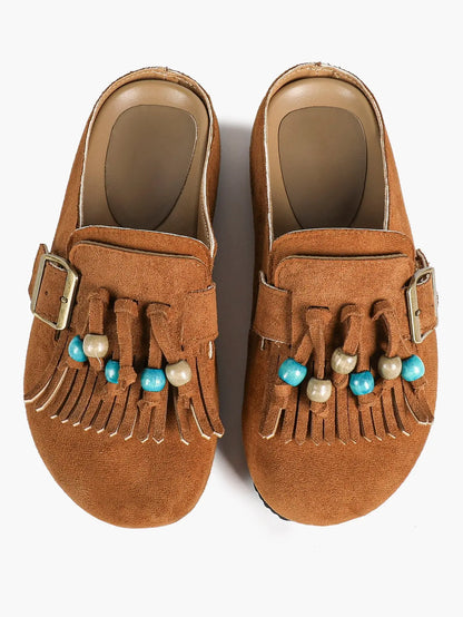 Dark Green Suede Tassel & Turquoise Bead Buckle Boston Clogs – Women's Boho Closed Toe Mule YISHIFAN