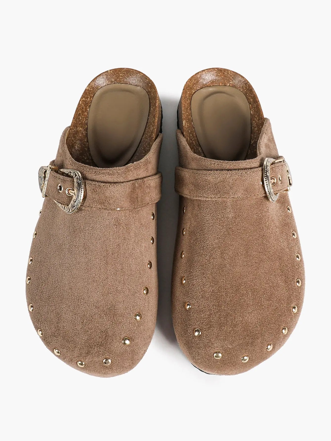 Mocha Suede All-Over Stud Western Engraved Buckle Boston Clogs – Women's Platform Closed Toe Mule YISHIFAN