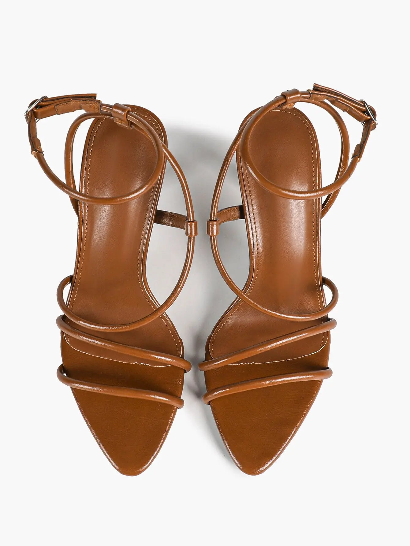 Cognac Multi-Strap Square Toe Stiletto Sandals – Women’s Tubular Toe Strap Ankle Strap Heels YISHIFAN