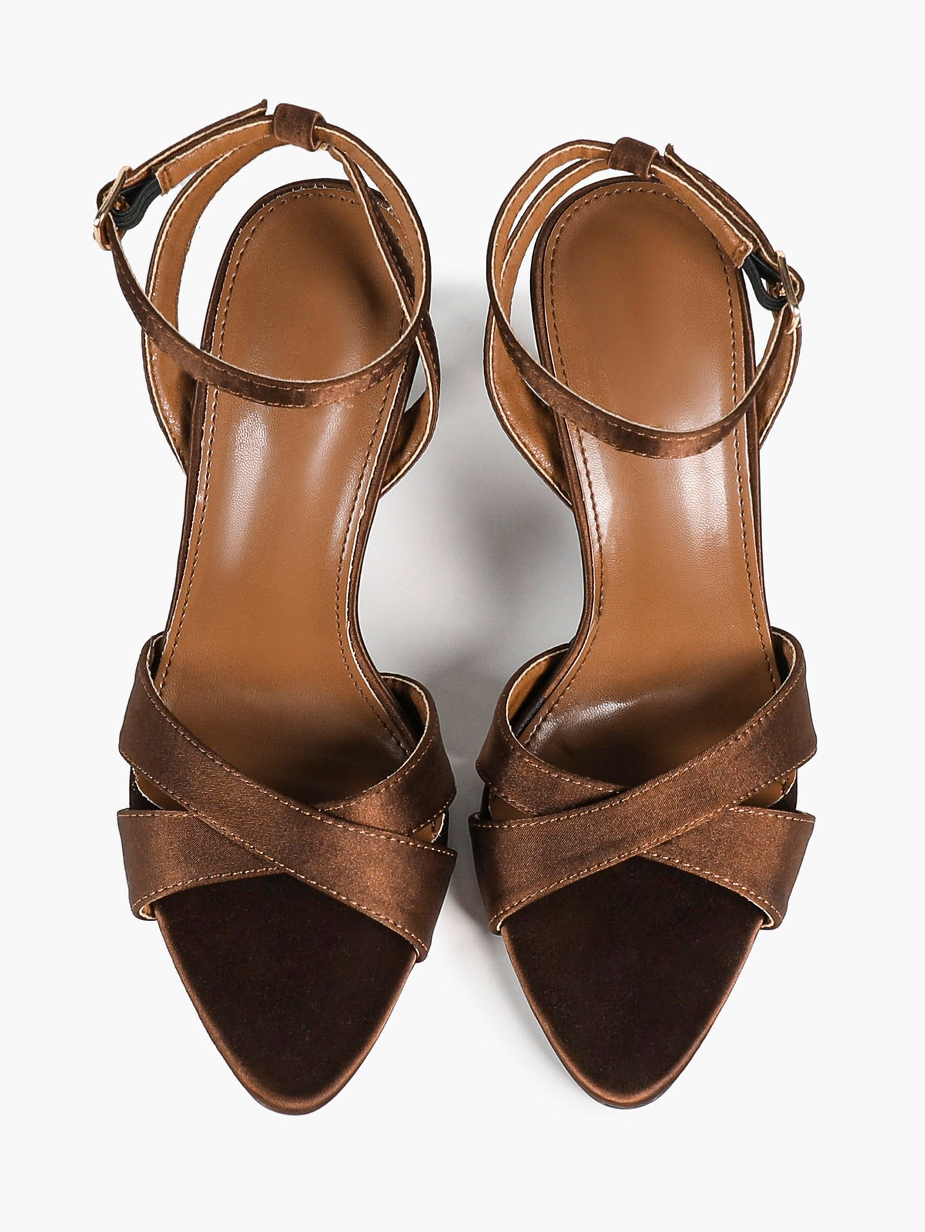 Bronze Metallic Satin Crisscross Strap Sandals Pointed Open Toe Ankle Buckle Heels Elegant Evening Shoes