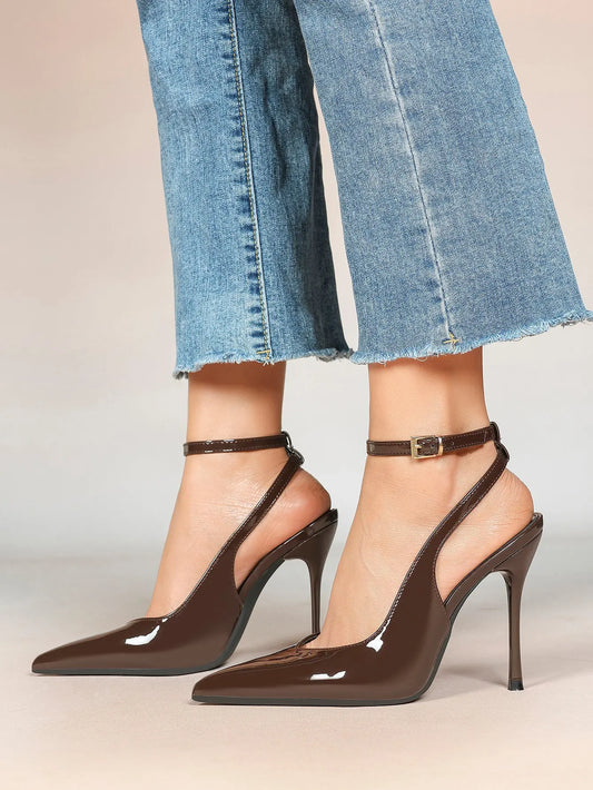 Women's Dark Brown Ankle Strap Pointed Toe High-Heel Sandals Wedding Party Evening Dress Shoes YISHIFAN
