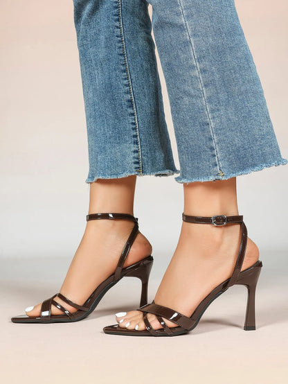 Brown Leather High-Heel Sandals  Cross Strap Stiletto Heels Wedding Party Dress Shoes YISHIFAN