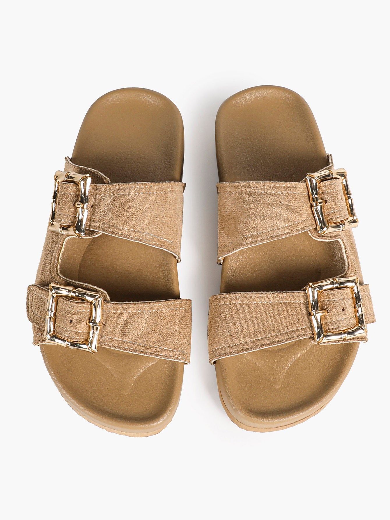 Taupe Suede Two-Strap Comfort Sandals with Gold Buckles