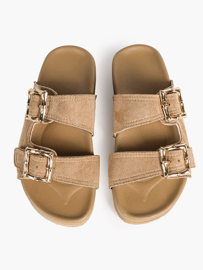 Taupe Suede Two-Strap Comfort Sandals with Gold Buckles