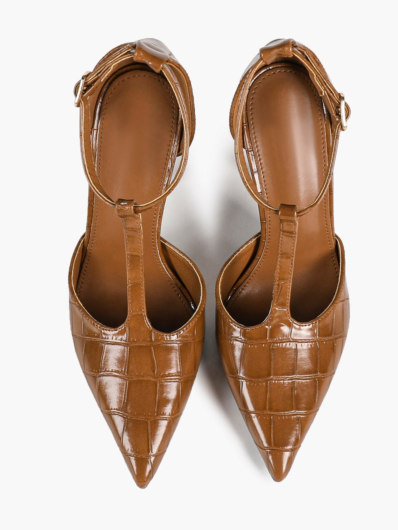 Women's Camel Quilted Patent T-Strap Slingback Pumps Closed Pointed Toe Ankle Buckle Stiletto Heels Office Shoes