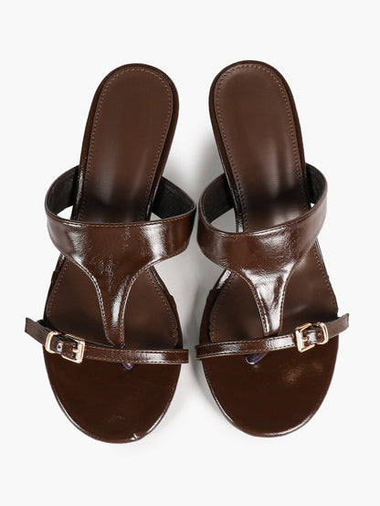 Brown Patent T-Strap Mules Adjustable Front Buckle Flared Kitten Heels Slip-On Office Shoes