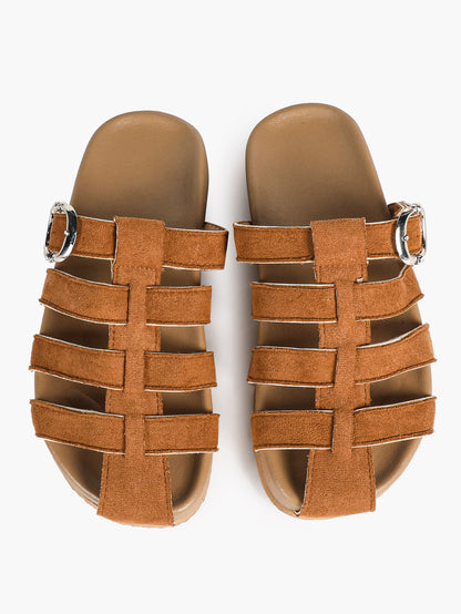 Camel Suede Woven Cage Slides with Silver-Tone Buckle Detail