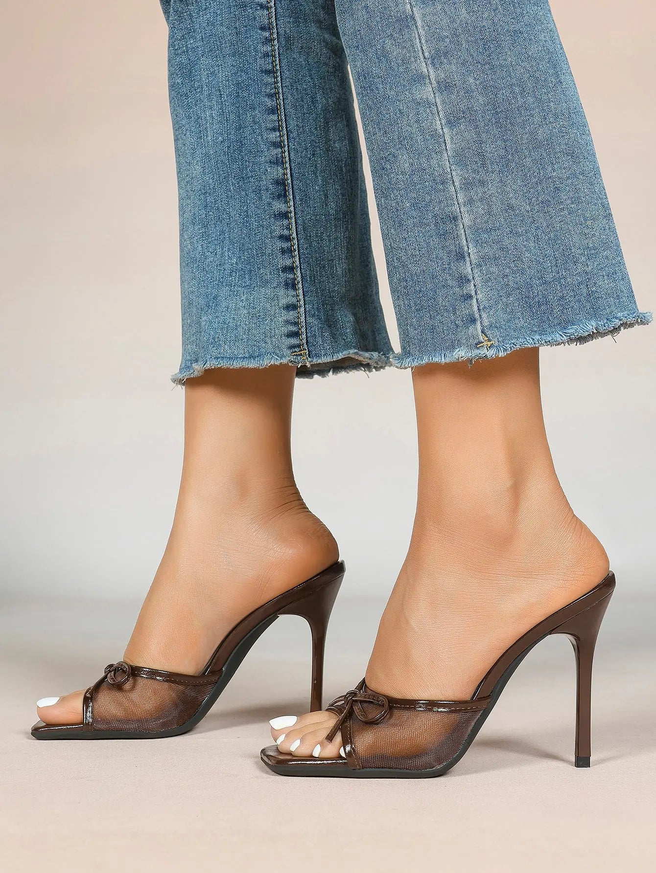Women's Bowknot Mesh High Heel Sandals 3.74 Inch Open Square Toe Stiletto Sandals YISHIFAN