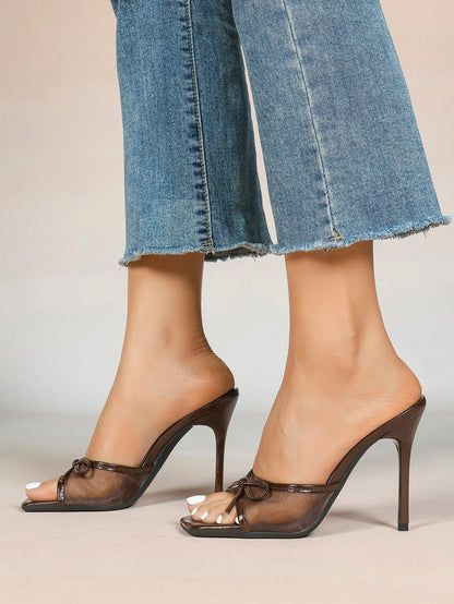 Women's Bowknot Mesh High Heel Sandals 3.74 Inch Open Square Toe Stiletto Sandals YISHIFAN