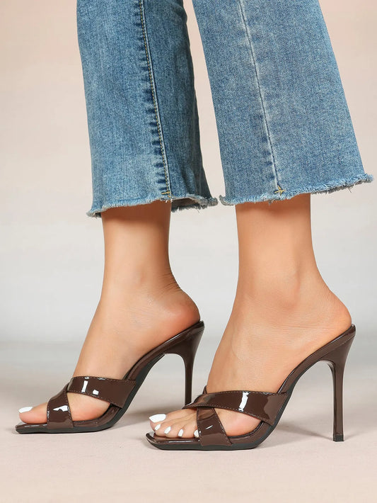 Women's Leather Mule Sandals Block Heel Cross Strap Slip with 3.74 Inch Heel For Daily Casual Office Dress Shoes YISHIFAN