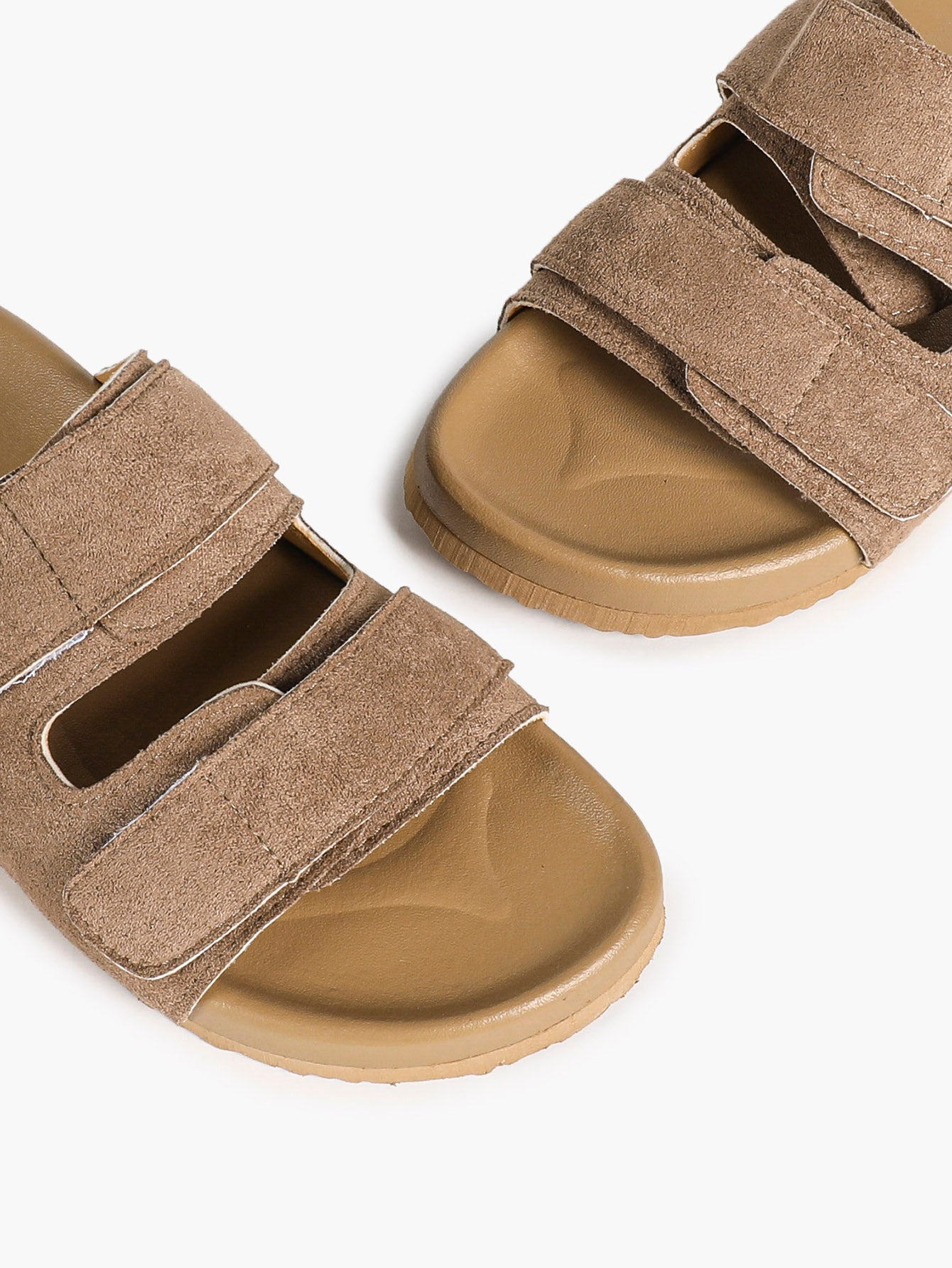 Black Suede-Effect Double-Strap Velcro Slide Sandals with Cushioned Sole
