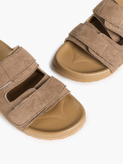 Black Suede-Effect Double-Strap Velcro Slide Sandals with Cushioned Sole
