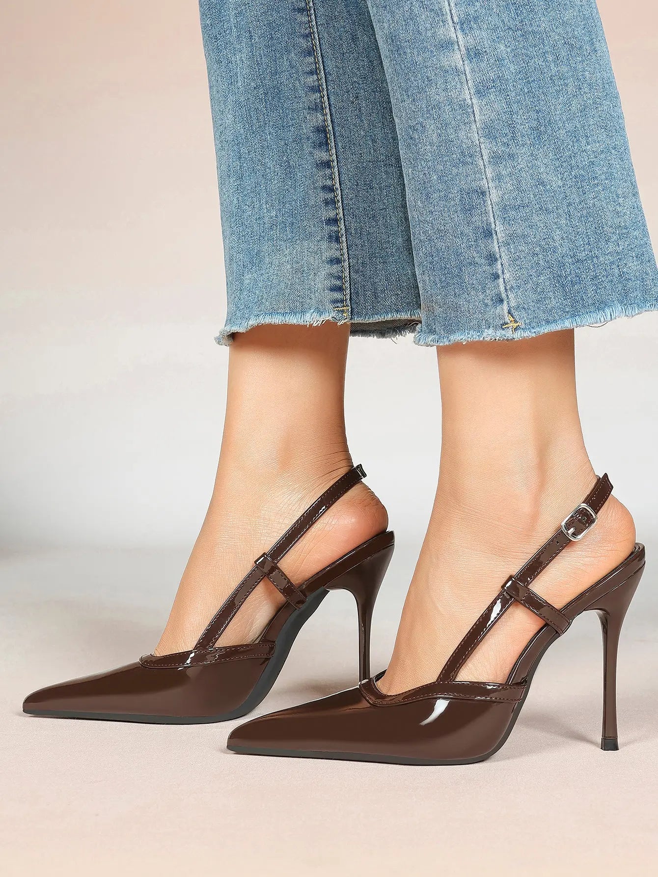 Women's Black Leather High-Heel Sandals Pointed Toe Stiletto Heels Office with for Wedding Party YISHIFAN