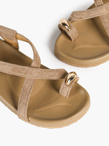 Olive Green Suede Criss-Cross Strap Sandals with Gold-Tone Oval Detail and Platform Sole