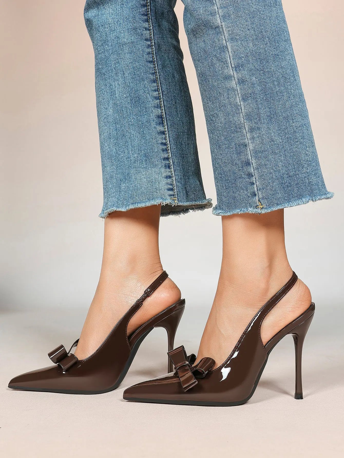 Women's Leather Bowknot High-Heel Closed Toe Pointed Toe Slingback Stiletto Heels Top-quality Shoes YISHIFAN