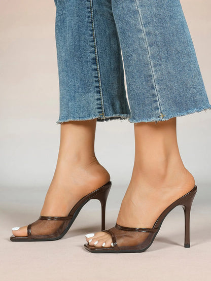 Women's Kitten Heels with Open Toe Square  Stiletto Sandals Slip On Mesh Mule Heels for Wedding Party YISHIFAN