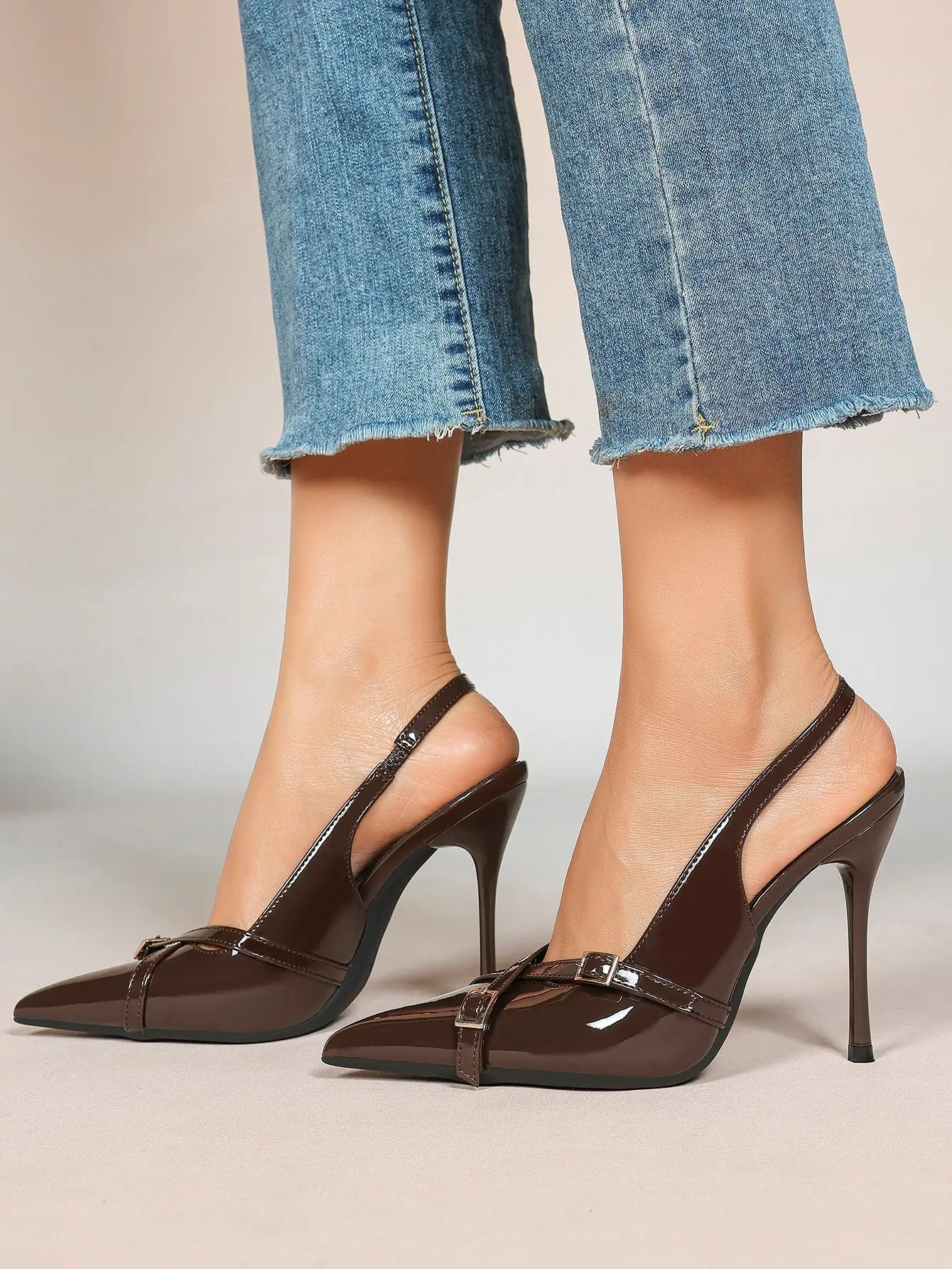 Women's Wine Red Patent Leather High-Heel Pointed Toe Ankle Strap Stiletto Heels Wedding Party Dress Shoes YISHIFAN