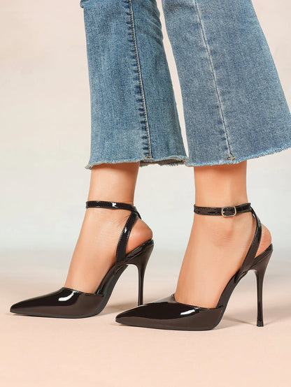 Women's Metallic Gloss Pointed Toe Adjustable Ankle Strap Heels Slingback Heel for Party Wedding Evening Club YISHIFAN