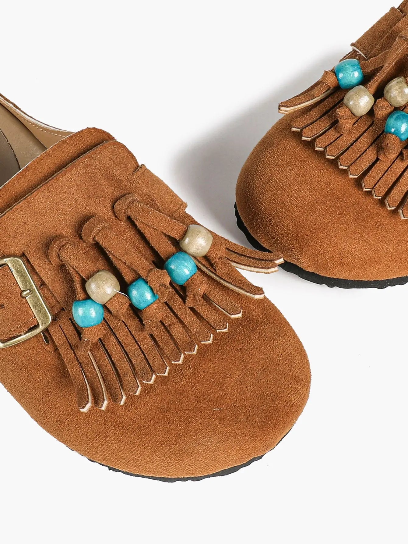 Dark Green Suede Tassel & Turquoise Bead Buckle Boston Clogs – Women's Boho Closed Toe Mule YISHIFAN