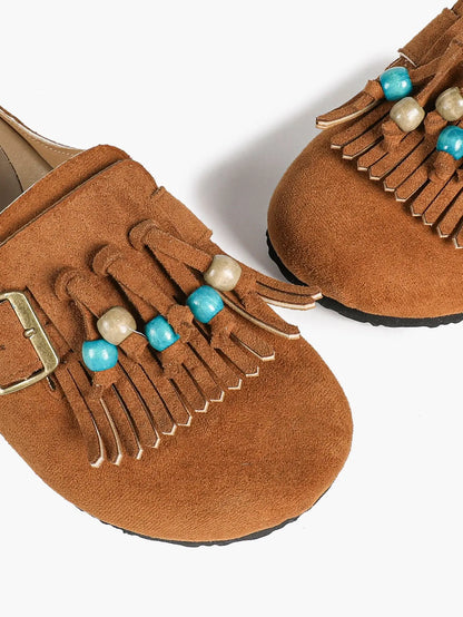 Dark Green Suede Tassel & Turquoise Bead Buckle Boston Clogs – Women's Boho Closed Toe Mule YISHIFAN