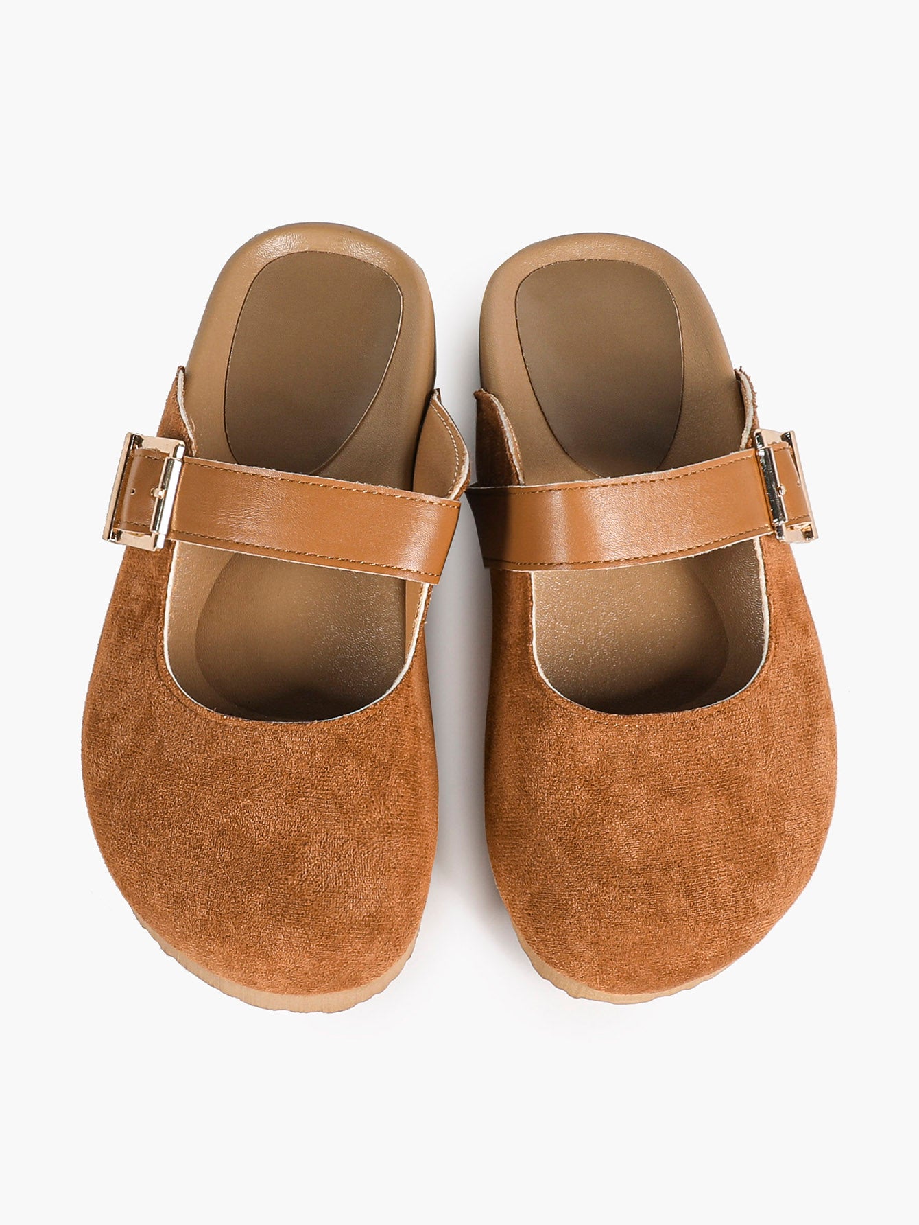 Black Suede Buckled Strap Slip-On Mules with Gold-Tone Hardware